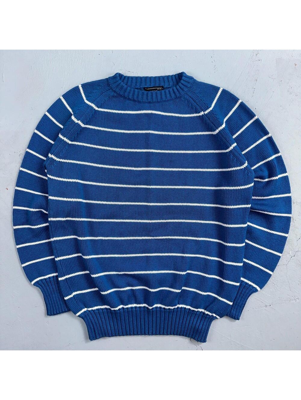 Vintage Preswick & Moore Cotton Blue Knit Crewneck Sweater Striped Chic